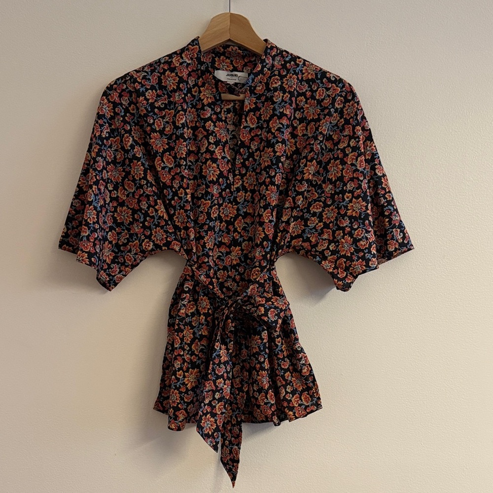 Floral Tie-Waist Kimono Top - Black with Pink & Orange Flowers